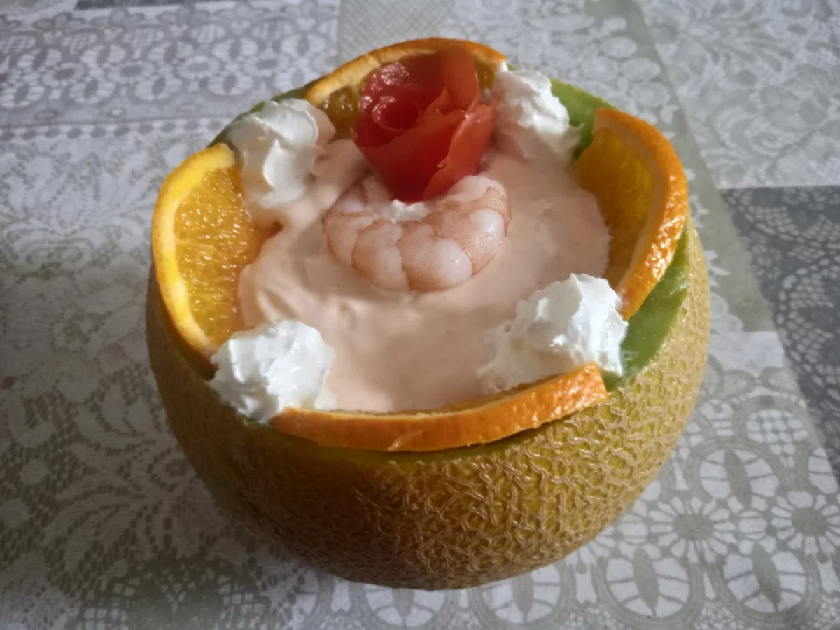 receta acabada de cóctel de melón con langostinos acabada.