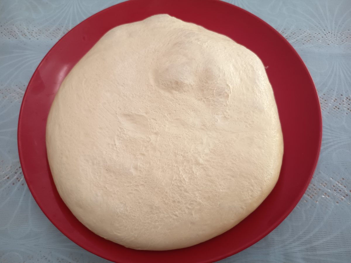 Bola de masa de pizza fermentada que ha triplicado su volumen lista para elaborar la receta que deseemos.